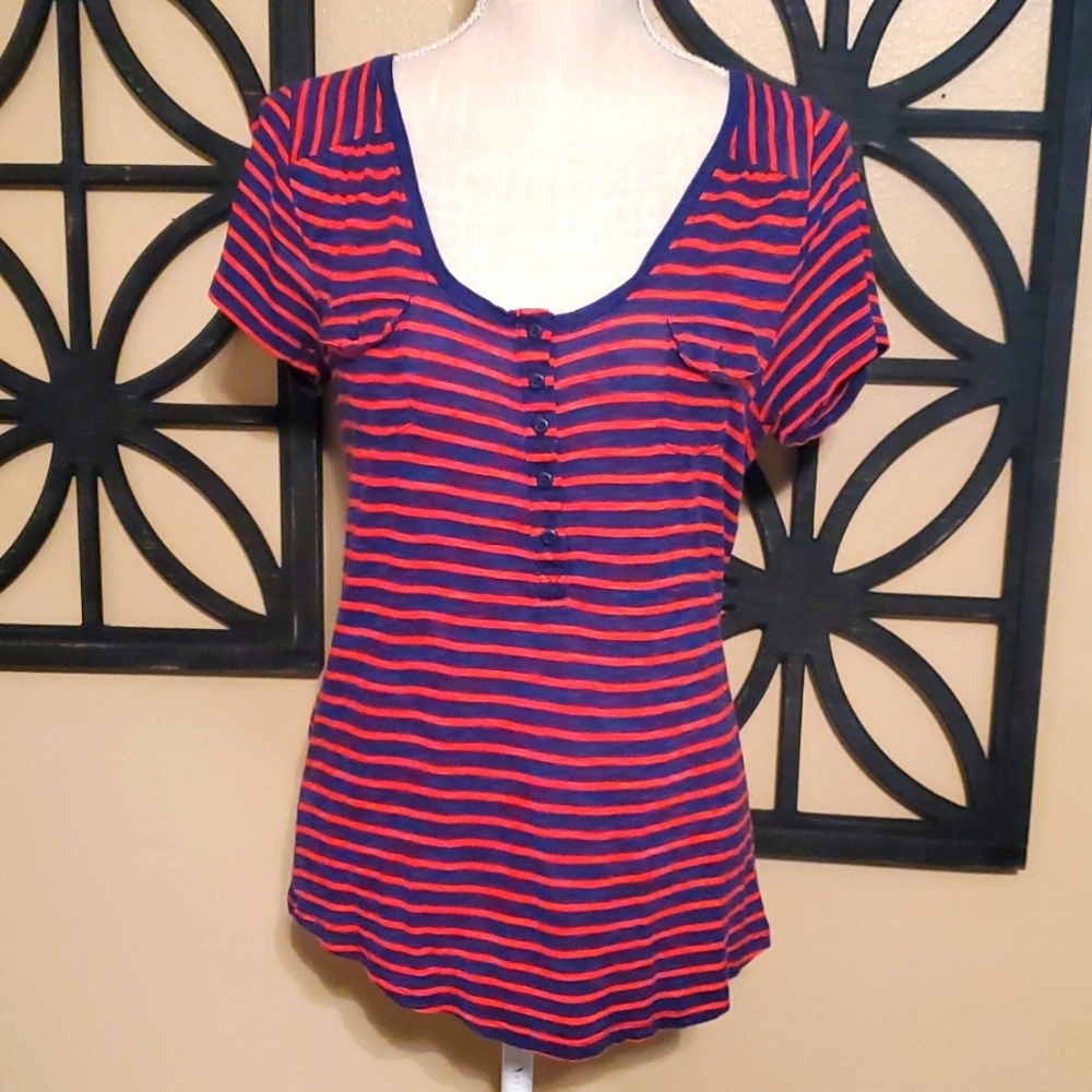Women's Linda Matthews New York Navy Blue & Red Striped Top